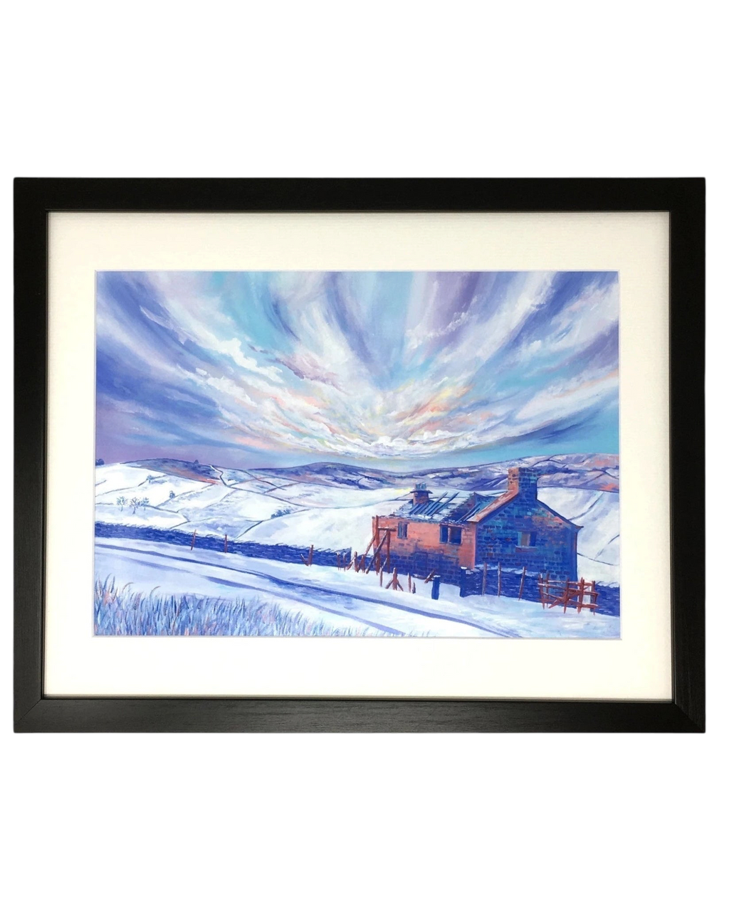 LighthouseLane framed Haworth Bronte Waterfall Walk print featuring a snowy landscape painting in a black frame.