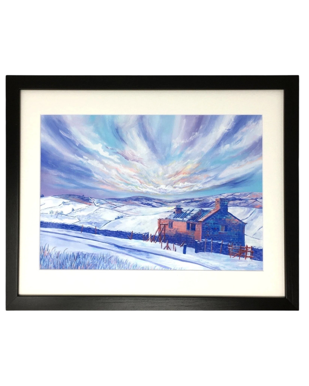 LighthouseLane framed Haworth Bronte Waterfall Walk print featuring a snowy landscape painting in a black frame.