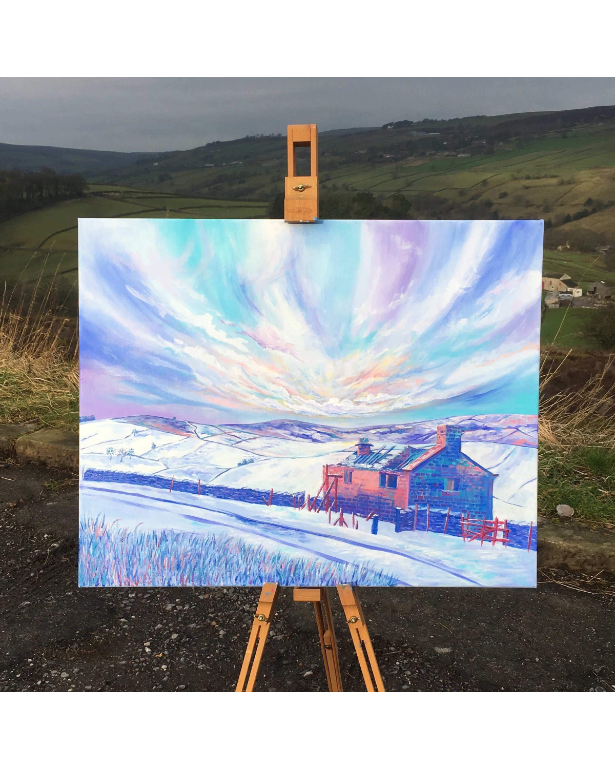 LighthouseLane Haworth Bronte Waterfall Walk acrylic painting on canvas featuring a snowy Yorkshire landscape