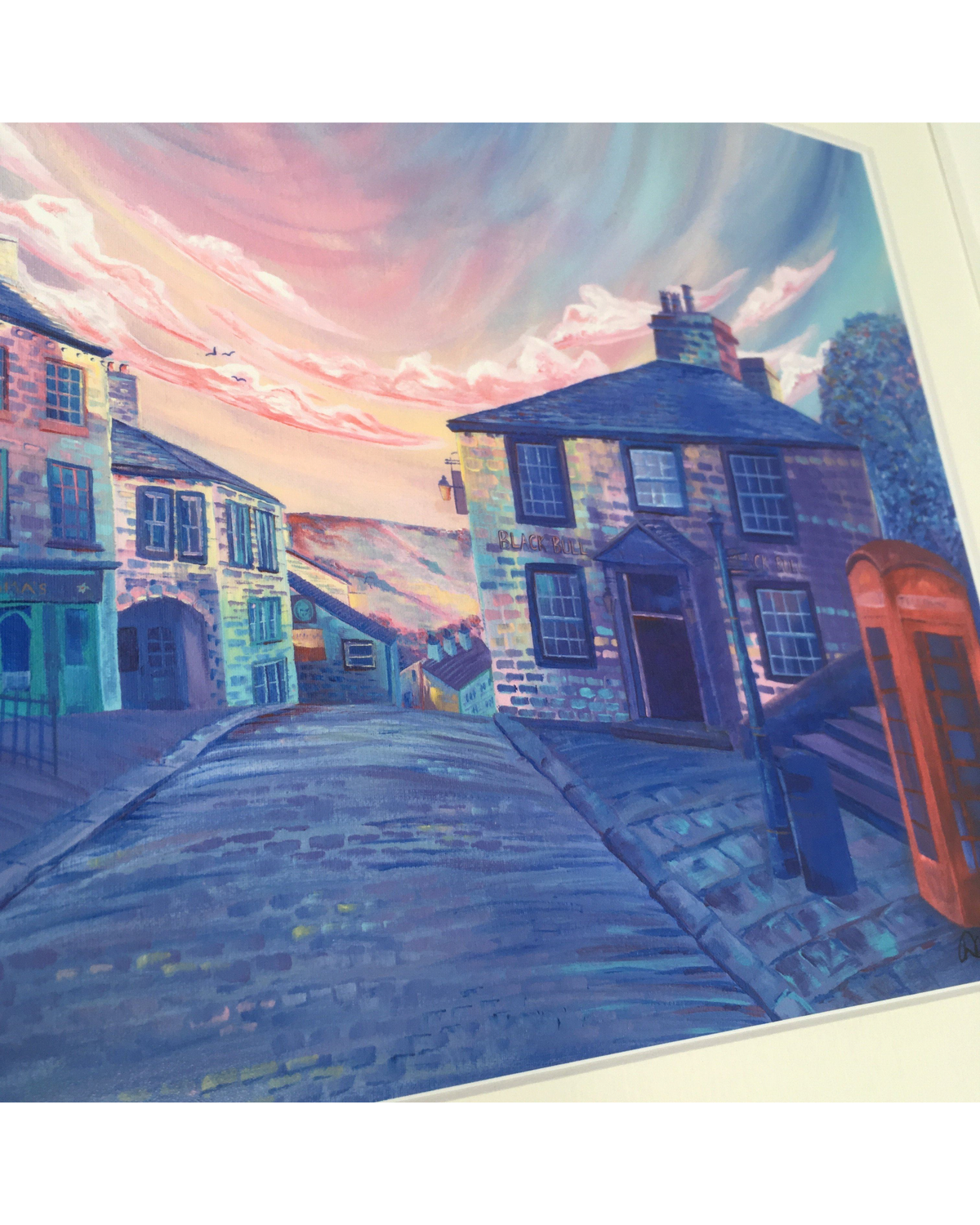 LighthouseLane Haworth Brow Main Street print featuring a hand-painted acrylic landscape of a cobbled Yorkshire street.