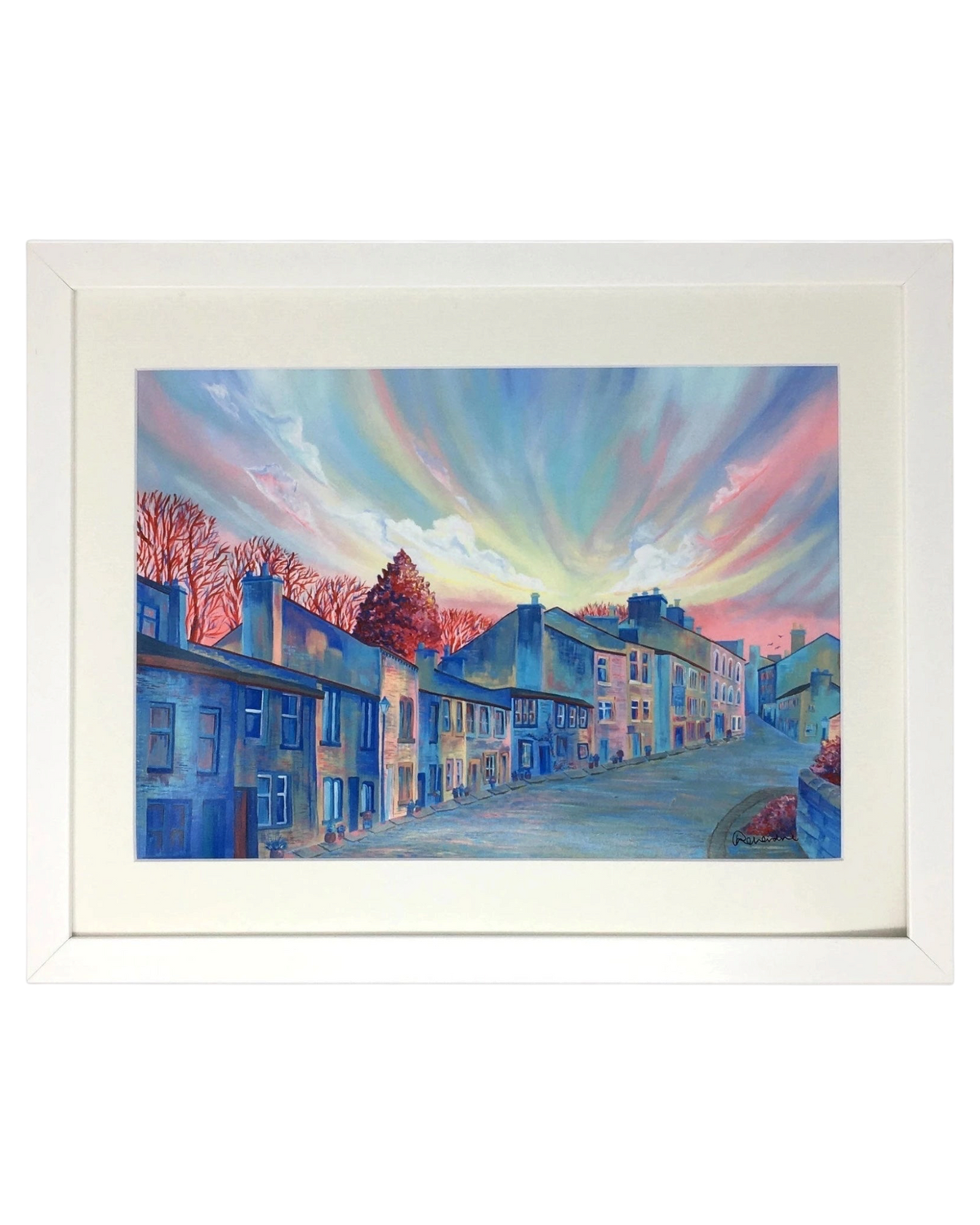 LighthouseLane framed print of Haworth Main Street featuring a vibrant sunset painting in blue and pink tones.