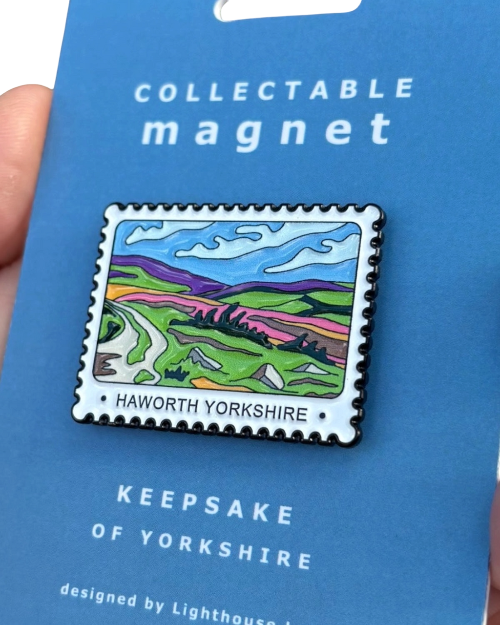 LighthouseLane Haworth Yorkshire magnet in a vintage postage-stamp design with colourful landscape illustration.