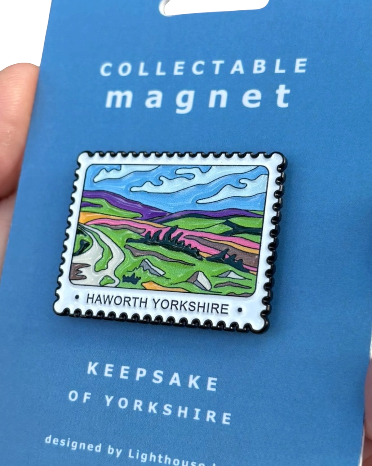 LighthouseLane Haworth Yorkshire magnet in a vintage postage-stamp design with colourful landscape illustration.
