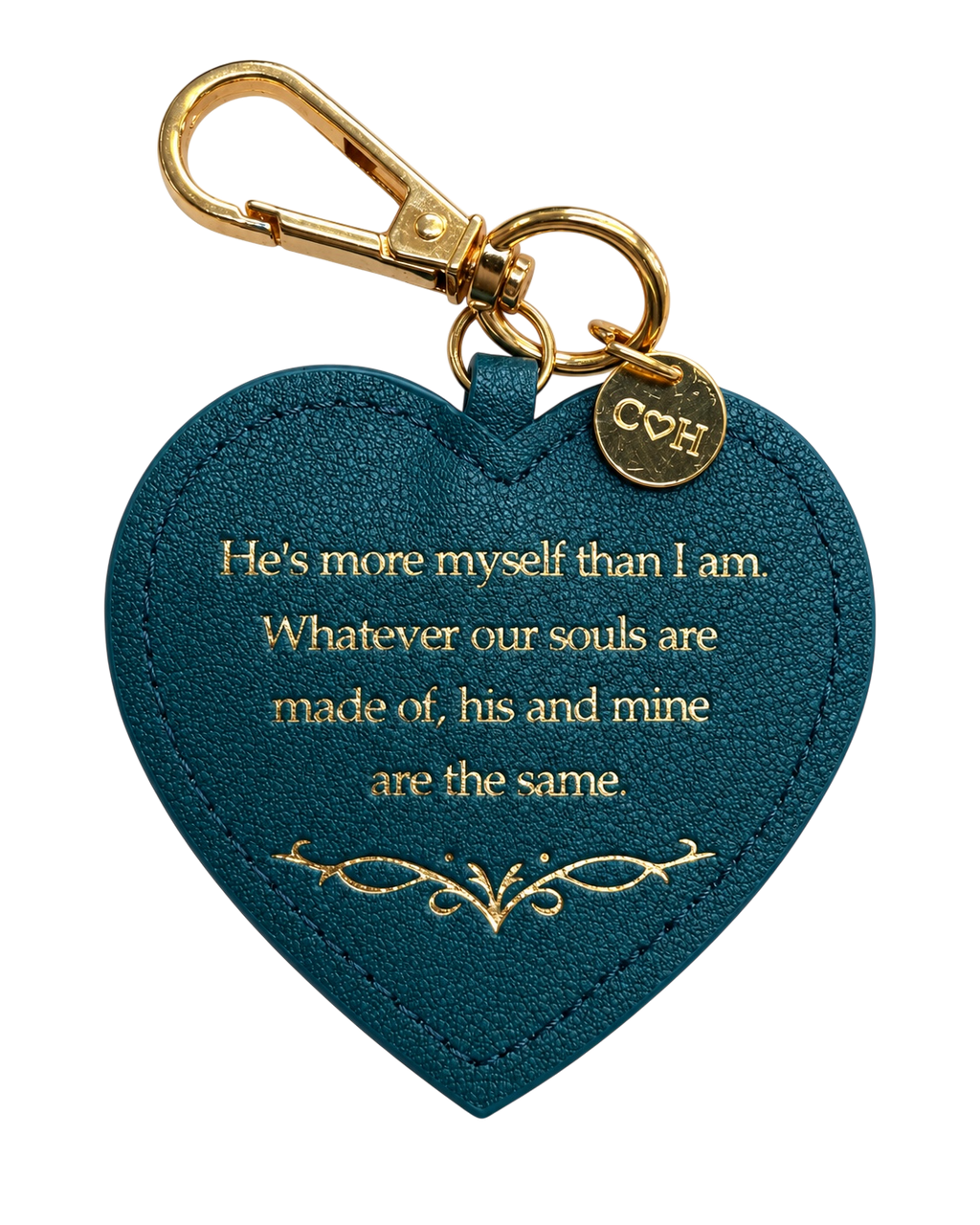 LighthouseLane heart-shaped keyring with Wuthering Heights quote in gold lettering and gold-tone clip