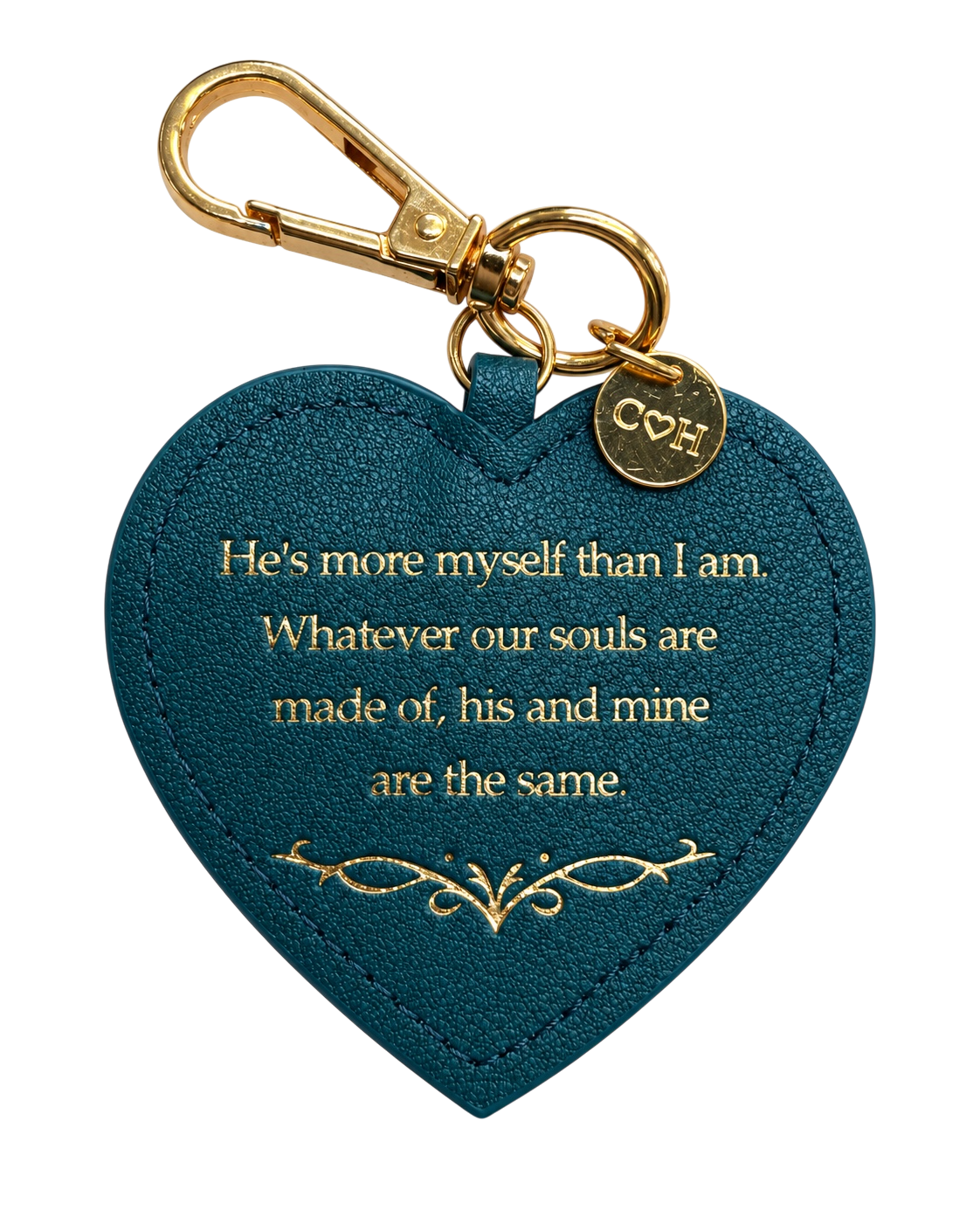 LighthouseLane heart-shaped keyring with Wuthering Heights quote in gold lettering and gold-tone clip