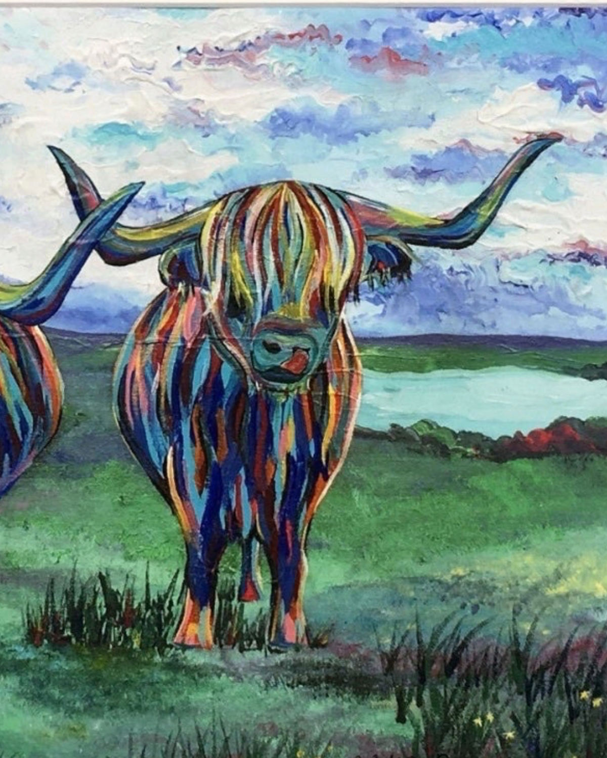 LighthouseLane colourful acrylic painting of two Highland cows with shaggy coats in a vibrant landscape