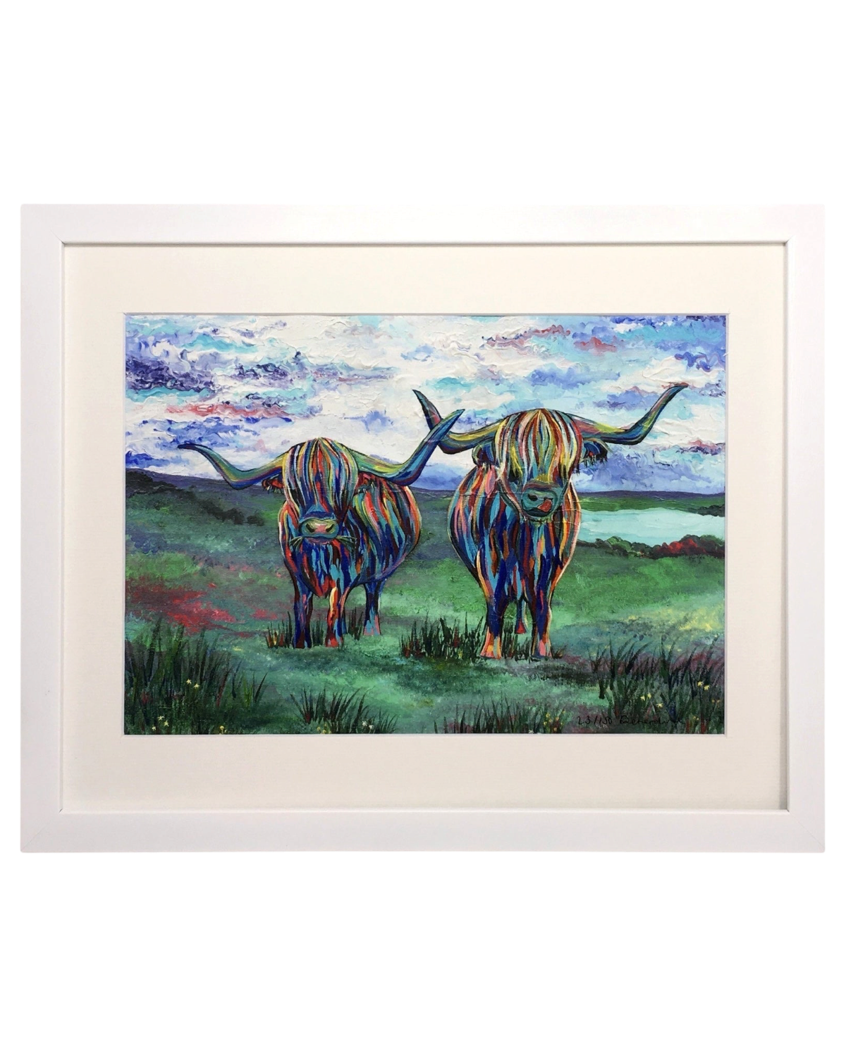 LighthouseLane framed art print featuring two colourful hand-painted highland cows in a vibrant Scottish landscape