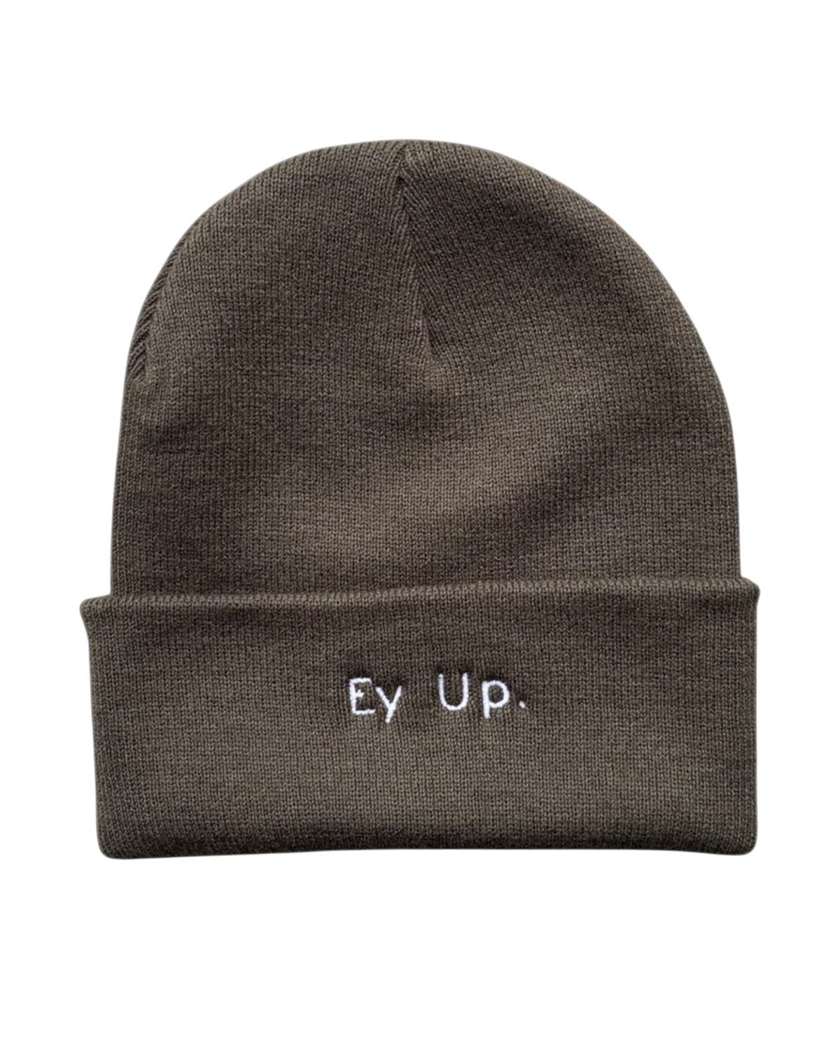 LighthouseLane green cuffed beanie with white Ey Up embroidery for winter warmth