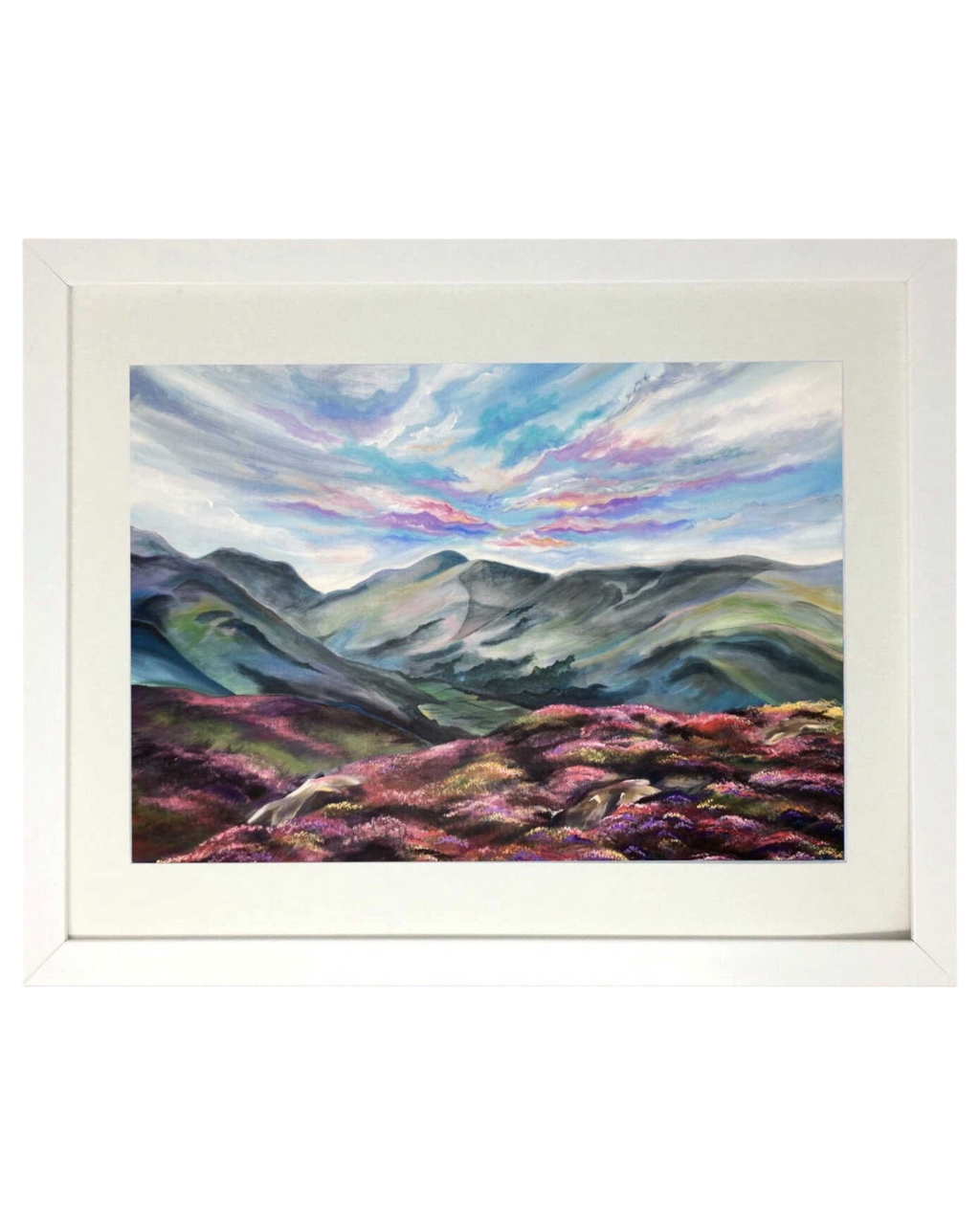 LighthouseLane framed print of Lake District hills featuring purple heather, rolling mountains, and a colorful sky.