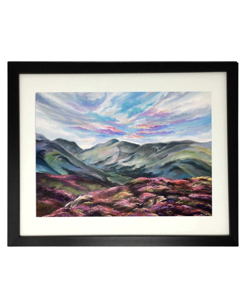 LighthouseLane framed art print of Lake District hills with purple heather and a vibrant sunset sky.