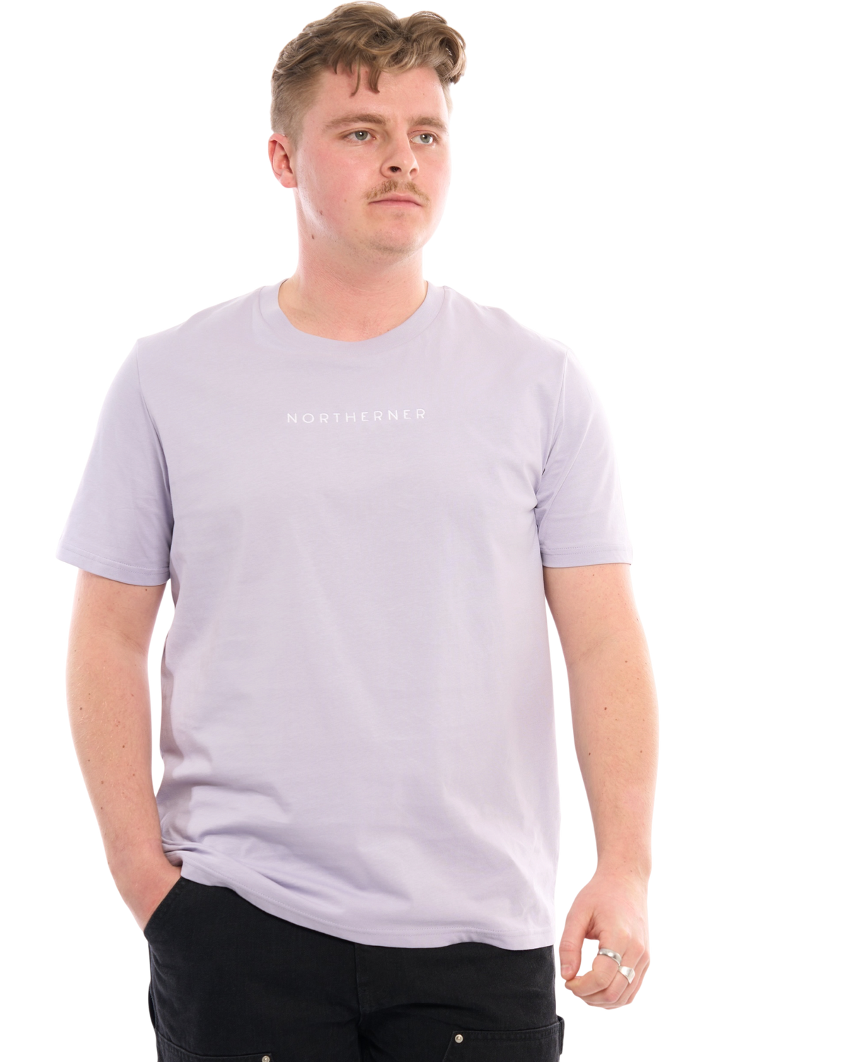 LighthouseLane unisex lilac organic cotton T-shirt with Northerner embroidered slogan worn by a male model