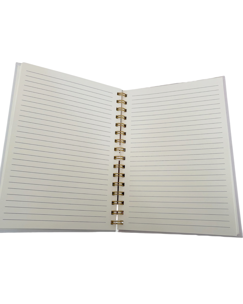LighthouseLane A5 hardback notebook open to show lined pages and premium gold spiral binding