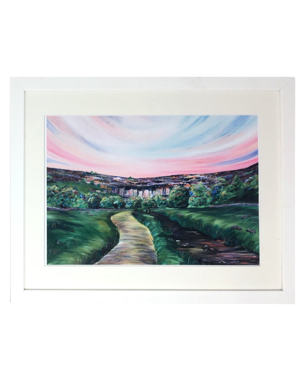LighthouseLane framed print of a hand-painted Malham Cove landscape featuring a path and sunset sky in Yorkshire.