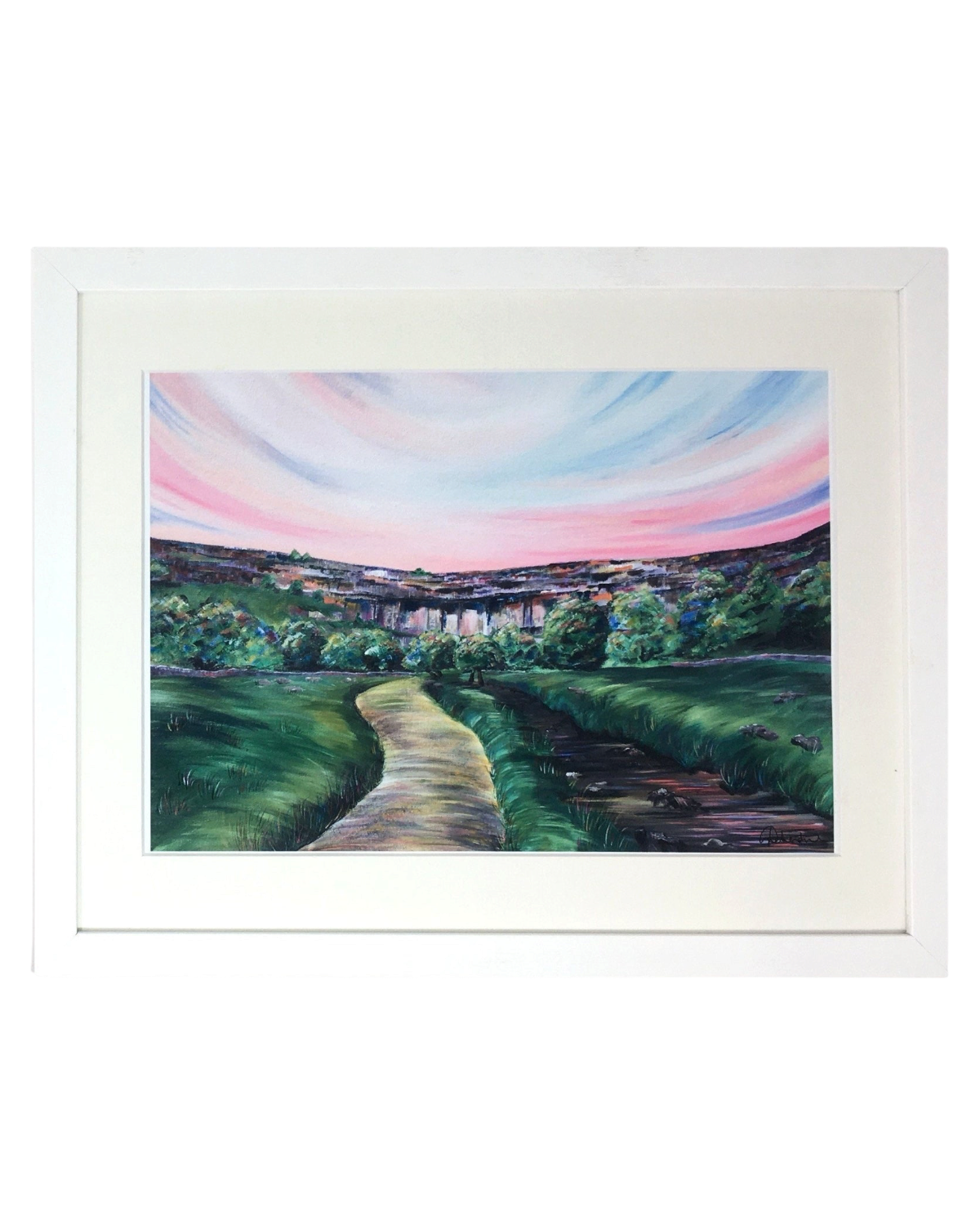 LighthouseLane framed print of a hand-painted Malham Cove landscape featuring a path and sunset sky in Yorkshire.