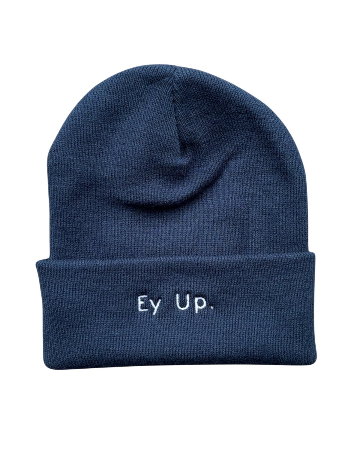 LighthouseLane navy blue cuffed beanie hat with white Ey Up embroidery text