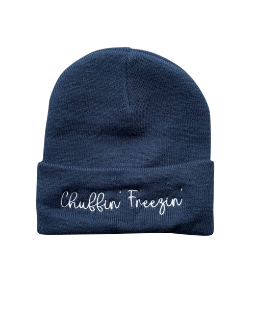 LighthouseLane navy blue cuffed beanie with white Chuffin' Freezin' embroidery text