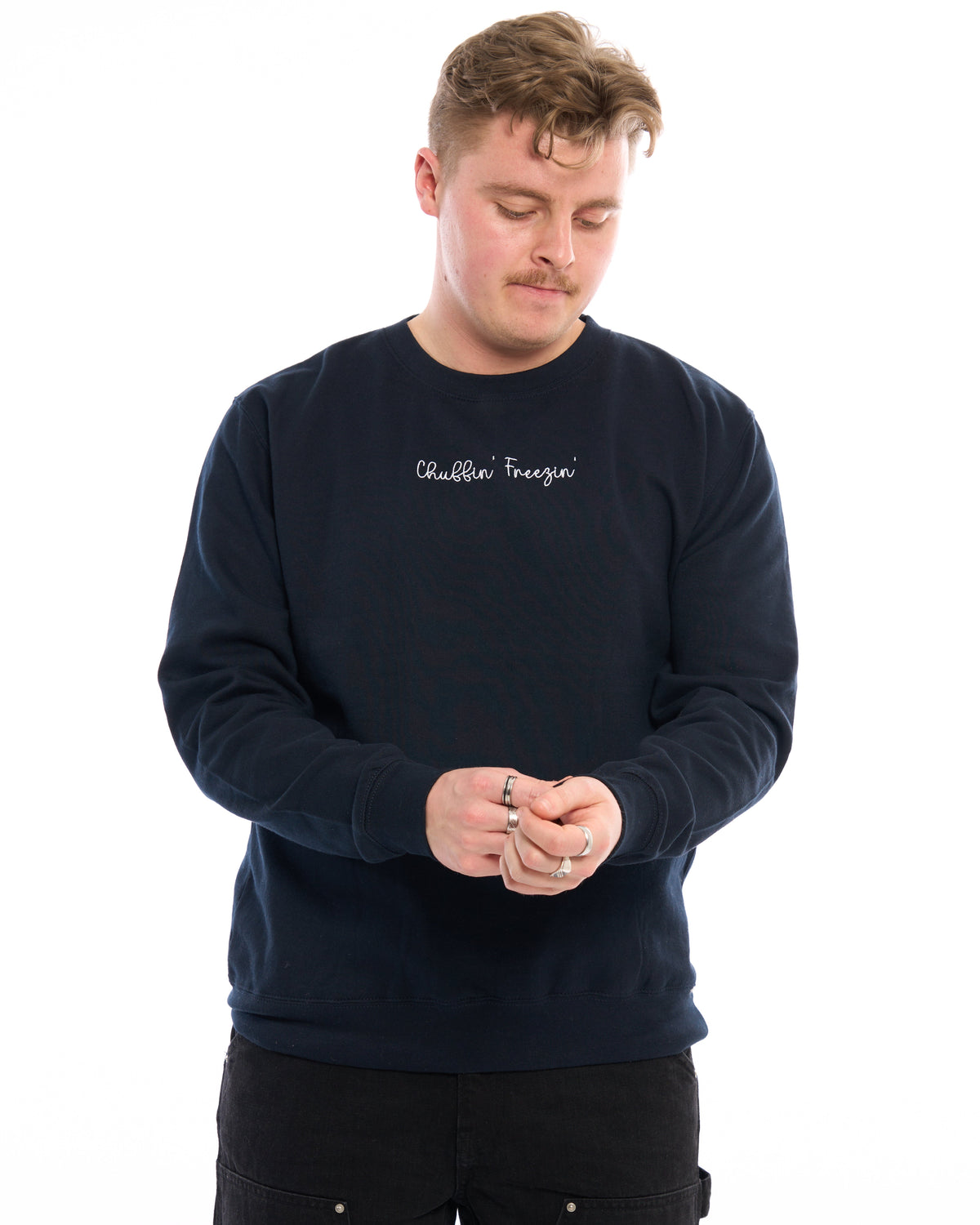 LighthouseLane navy blue unisex sweatshirt with Chuffin' Freezin' embroidery worn by a man on a white background