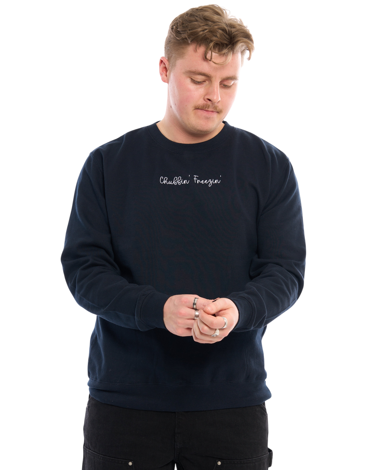 LighthouseLane navy blue unisex sweatshirt with Chuffin' Freezin' embroidery worn by a man on a white background