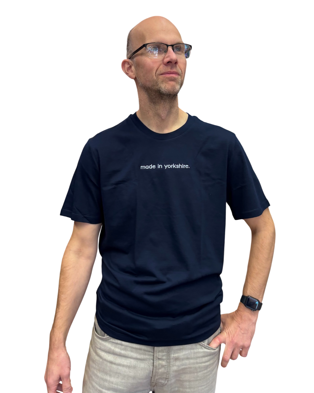 LighthouseLane navy blue organic cotton unisex t-shirt with white embroidered Made in Yorkshire slogan on the chest