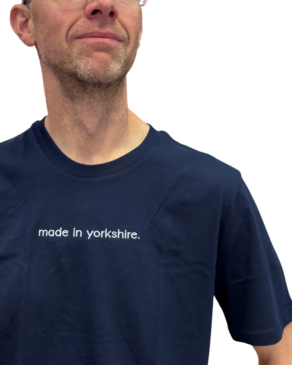 LighthouseLane navy blue organic cotton unisex t-shirt with white embroidered Made in Yorkshire slogan on the chest