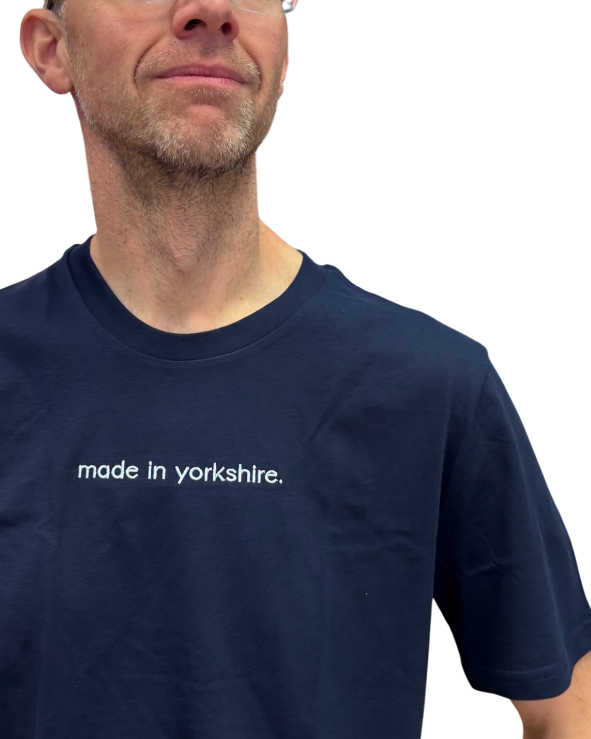 LighthouseLane navy blue organic cotton unisex t-shirt with white embroidered Made in Yorkshire slogan on the chest