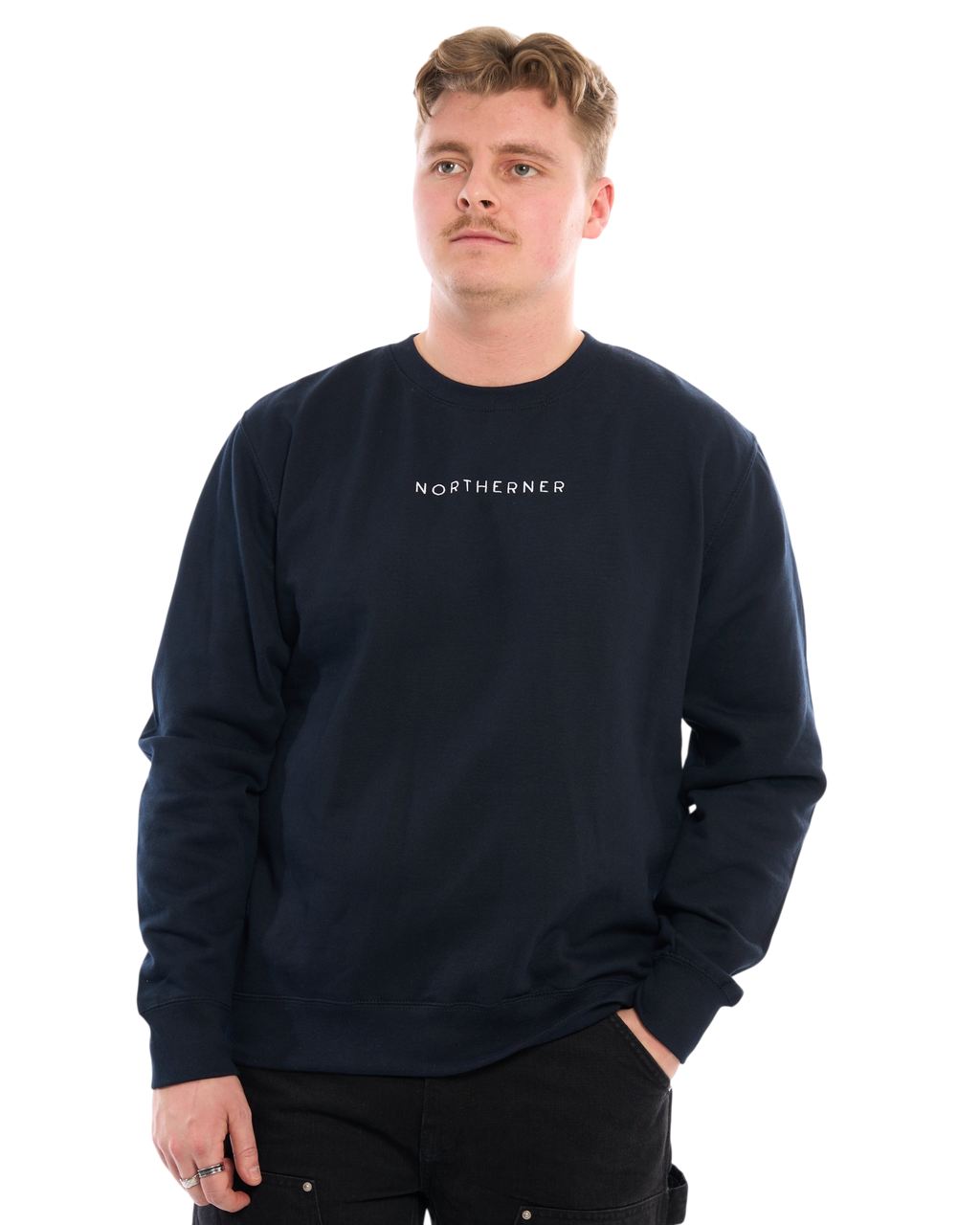 LighthouseLane navy blue unisex sweatshirt with Northerner embroidered slogan worn by a man against a white background