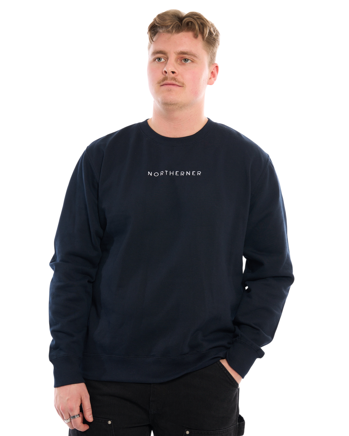LighthouseLane navy blue unisex sweatshirt with Northerner embroidered slogan worn by a man against a white background