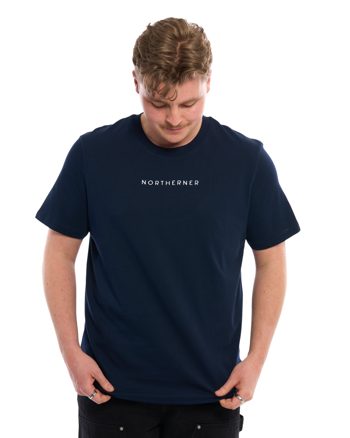 LighthouseLane navy blue organic cotton unisex T-shirt with Northerner embroidered slogan worn by a man