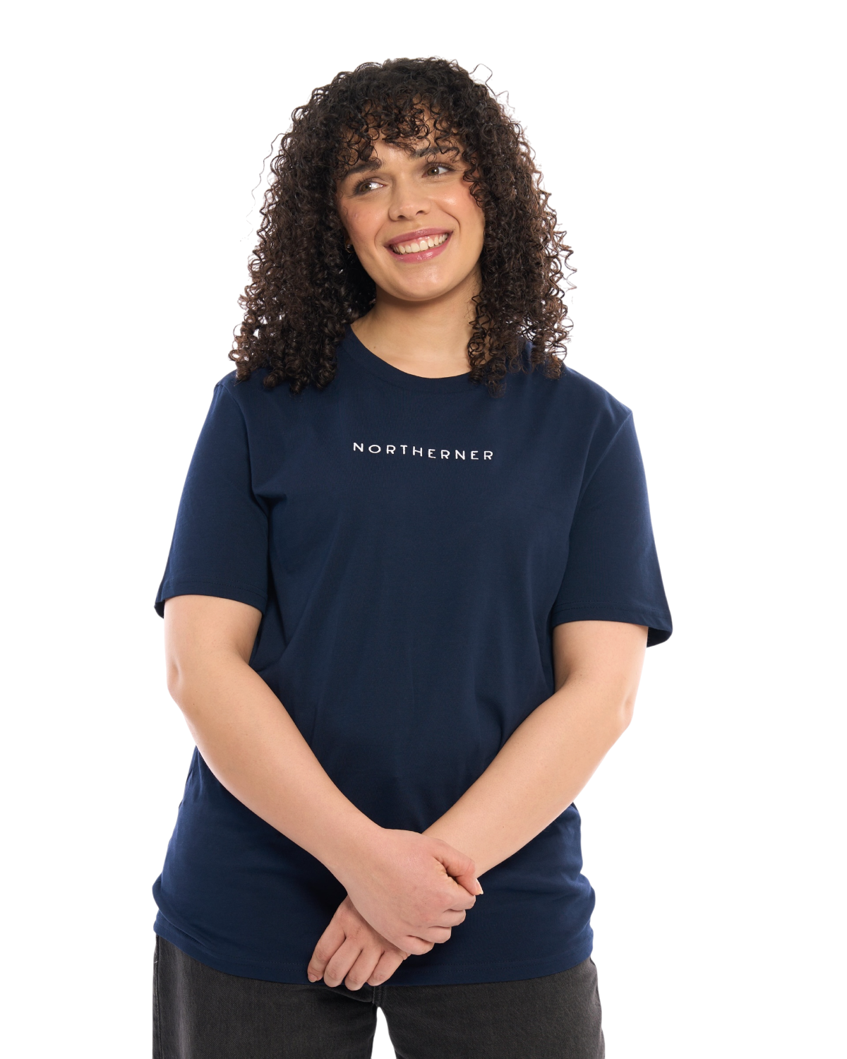 LighthouseLane navy blue organic cotton unisex T-shirt with Northerner embroidered slogan worn by a smiling woman