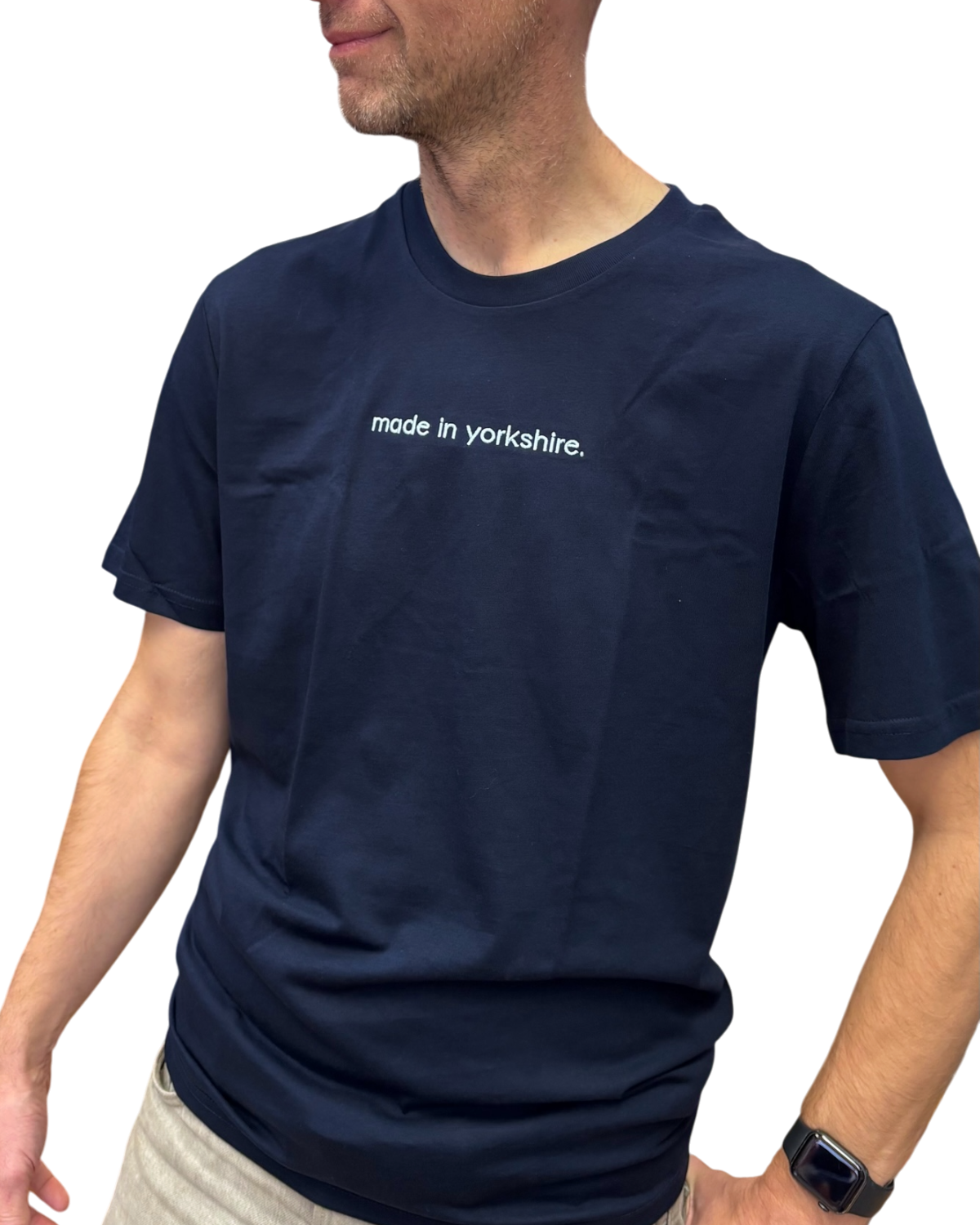 LighthouseLane navy blue organic cotton unisex t-shirt with Made in Yorkshire embroidery on the chest