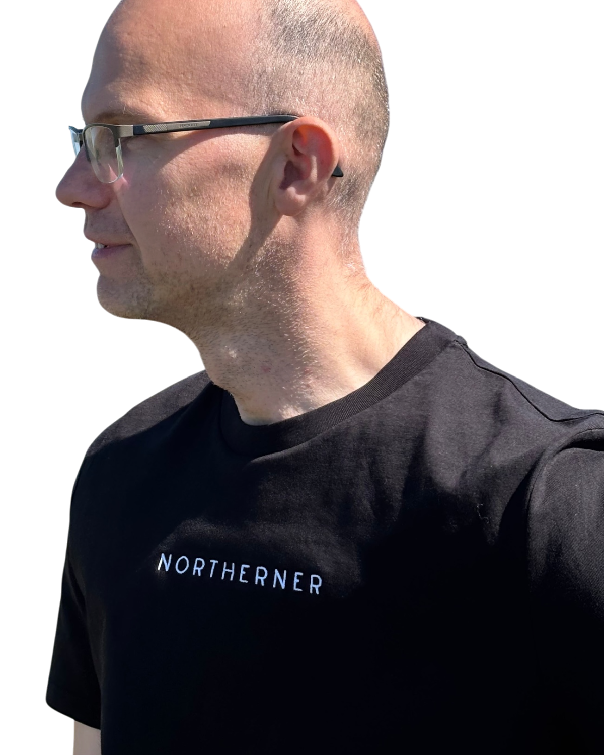 LighthouseLane Northerner black organic cotton unisex t-shirt with white embroidered slogan on a male model