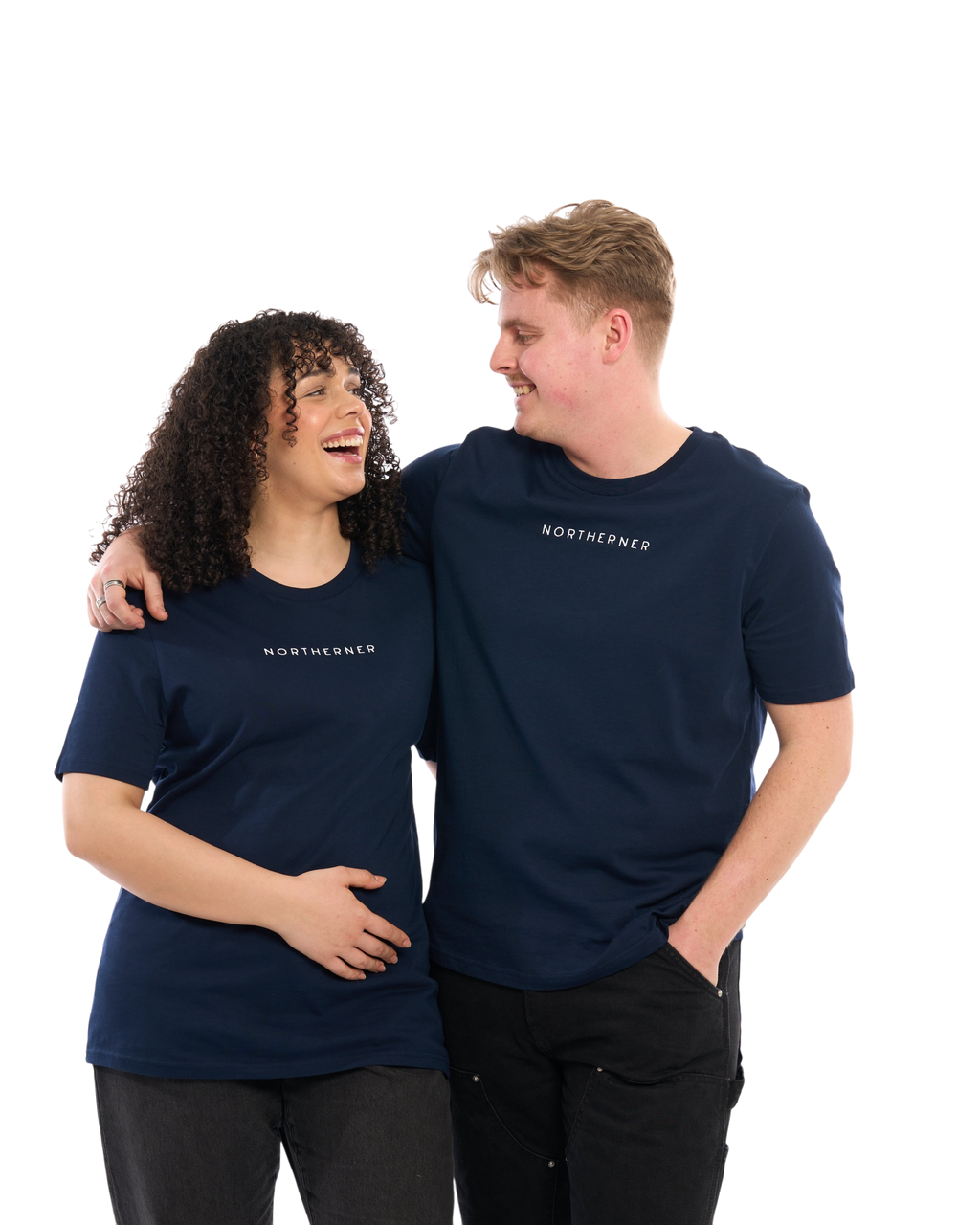 LighthouseLane unisex navy blue organic cotton T-shirt with Northerner embroidery worn by a smiling couple