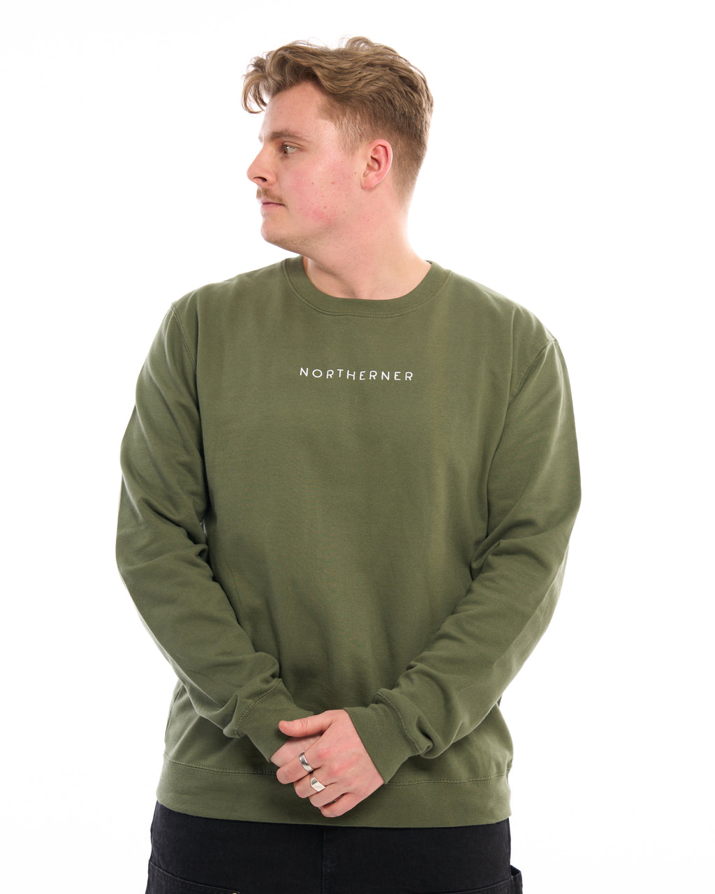 LighthouseLane olive green unisex sweatshirt with Northerner embroidered text worn by a man looking to the side