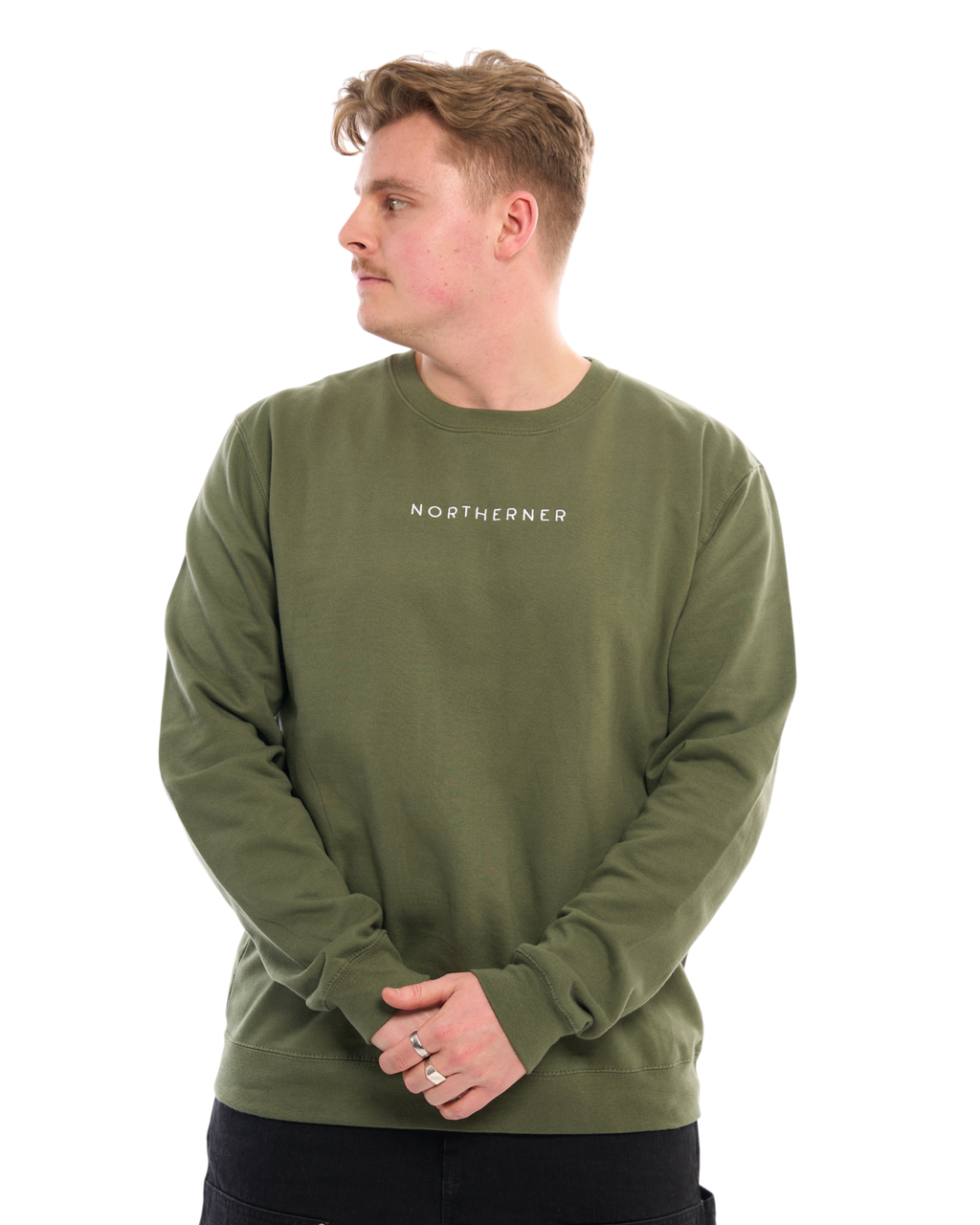 LighthouseLane olive green unisex sweatshirt with Northerner embroidered text worn by a man looking to the side
