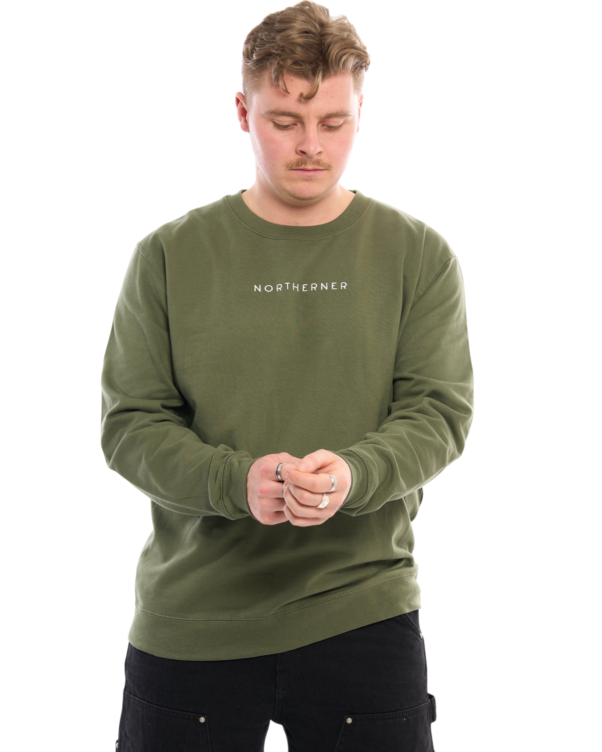 A man wearing a LighthouseLane olive green Northerner embroidered unisex sweatshirt with a relaxed fit.