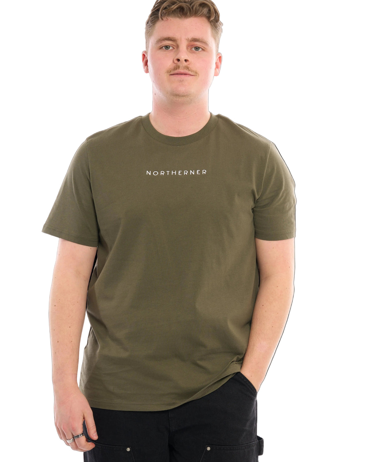 LighthouseLane olive green organic cotton unisex T-shirt with Northerner embroidered slogan worn by a man
