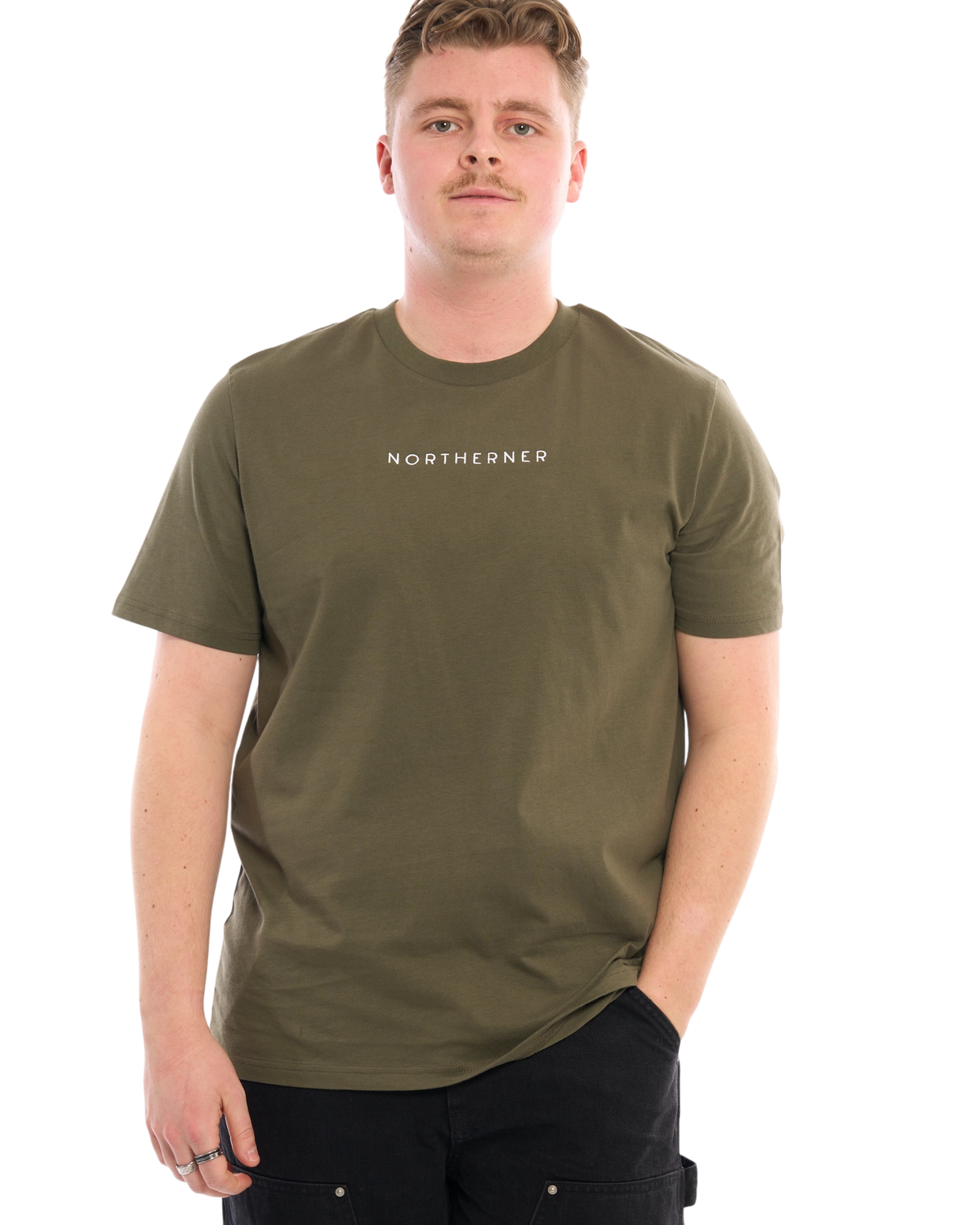 LighthouseLane Northerner olive green organic cotton unisex t-shirt with white embroidered slogan on chest