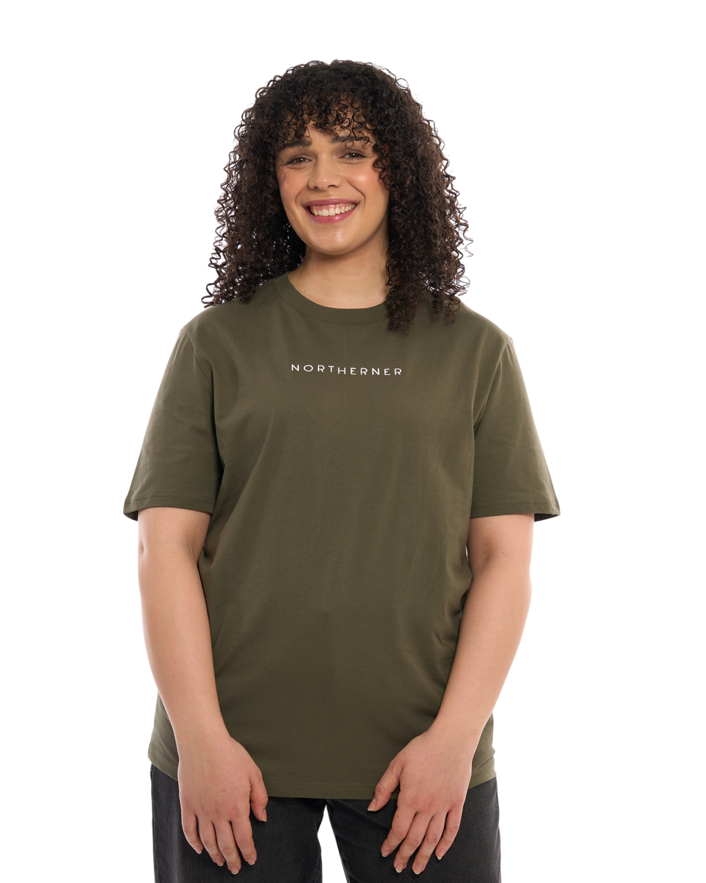 LighthouseLane unisex olive green organic cotton t-shirt with Northerner embroidered slogan worn by a smiling woman