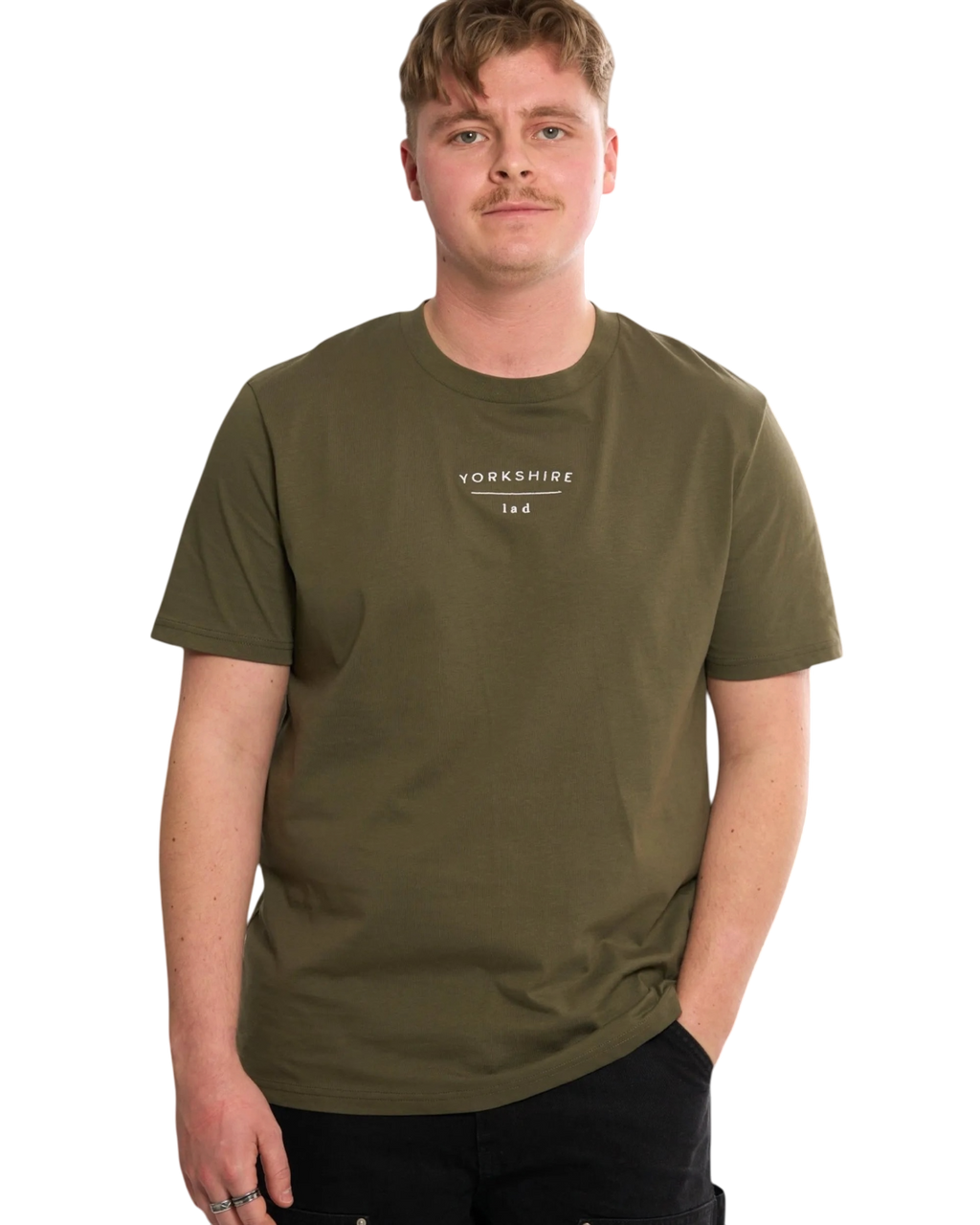 LighthouseLane olive green organic cotton unisex T-shirt with Yorkshire Lad slogan embroidery on the chest