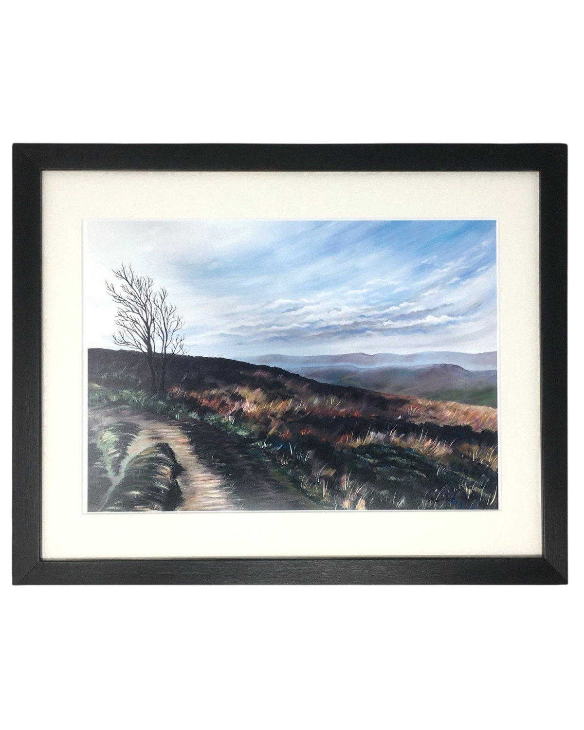 LighthouseLane framed print of Penistone Hill in Haworth, featuring a moorland landscape painting in a black frame.