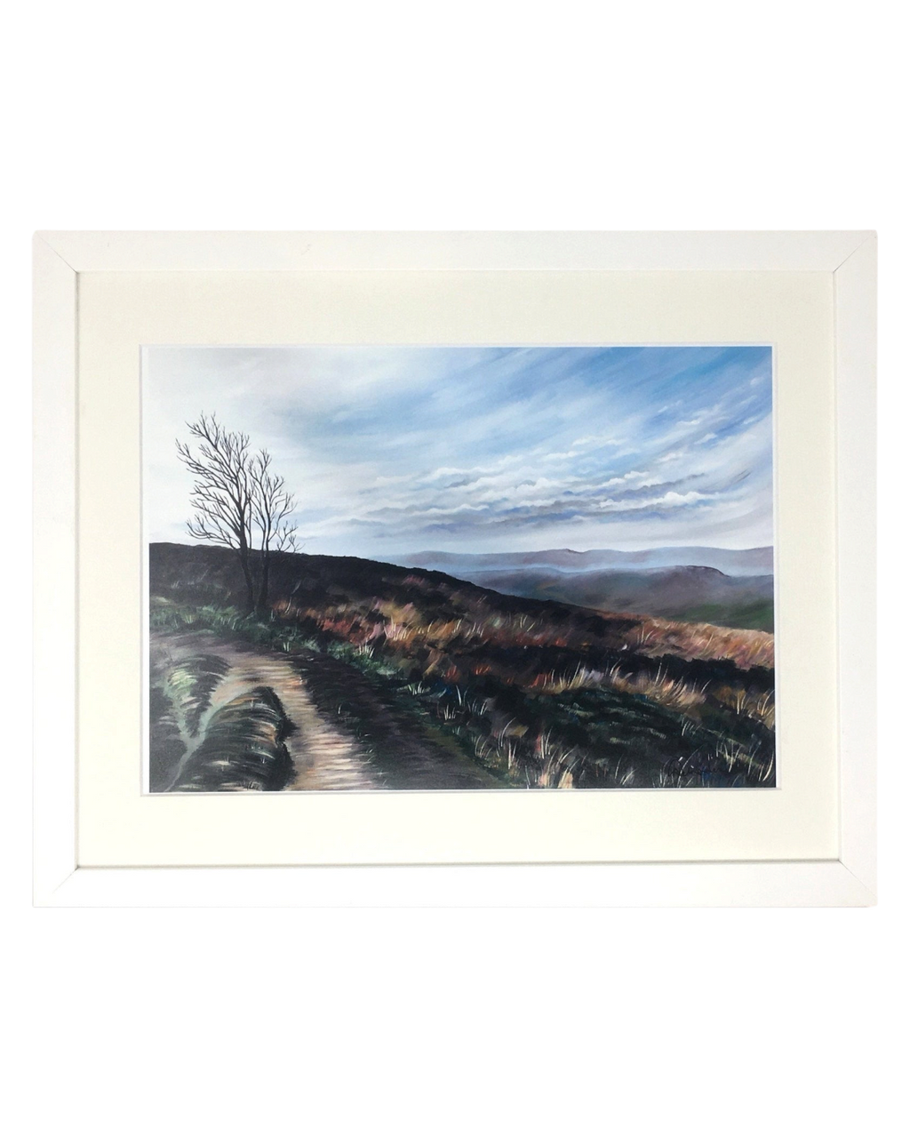 LighthouseLane framed print of Penistone Hill in Haworth, featuring a moorland landscape painting in a white frame.