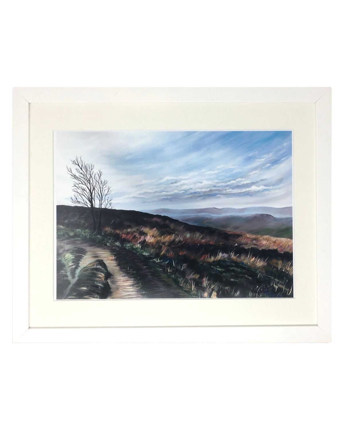 LighthouseLane framed print of Penistone Hill in Haworth, featuring a moorland landscape painting in a white frame.