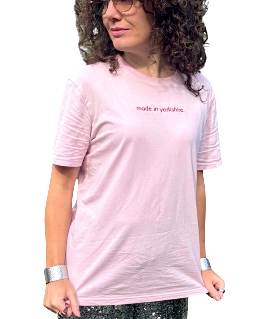 LighthouseLane light pink organic cotton unisex t-shirt with embroidered Made in Yorkshire slogan worn by a woman