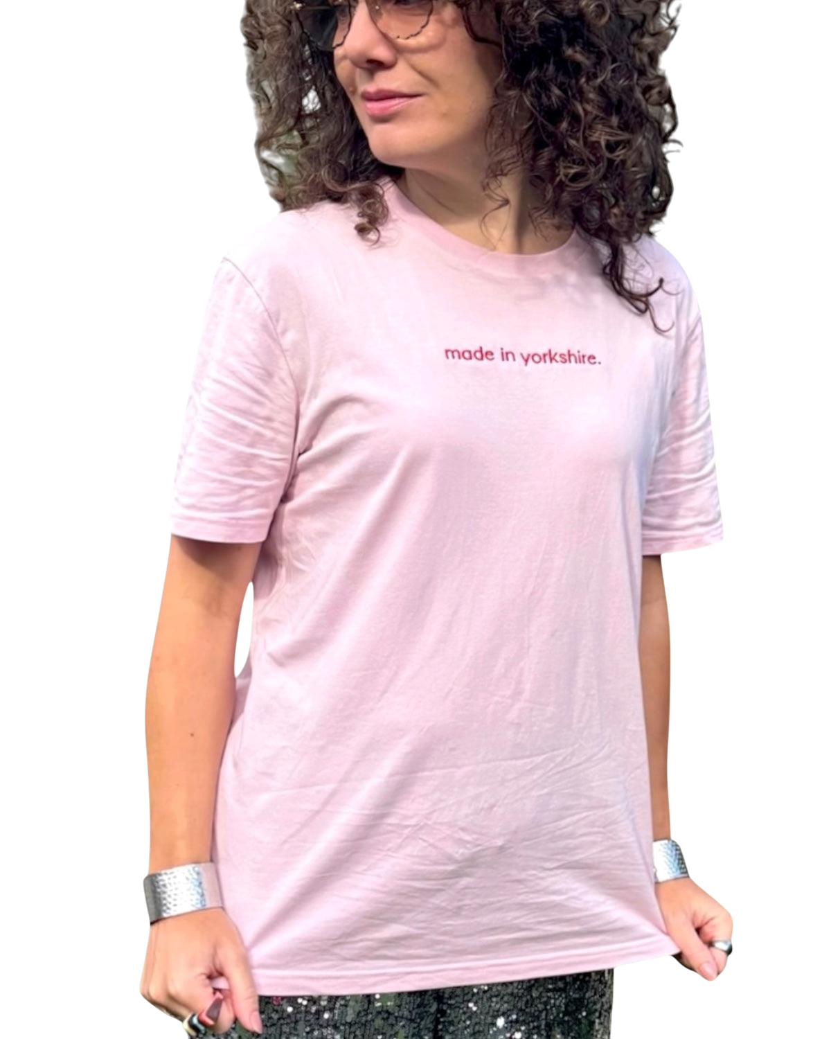 LighthouseLane light pink organic cotton unisex t-shirt with embroidered Made in Yorkshire slogan worn by a woman