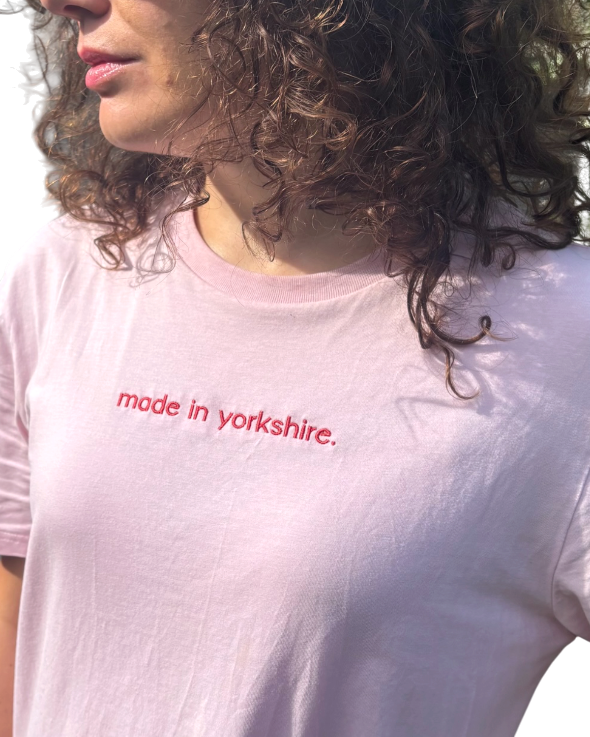 LighthouseLane pale pink organic cotton unisex t-shirt with red embroidered Made in Yorkshire slogan on the chest