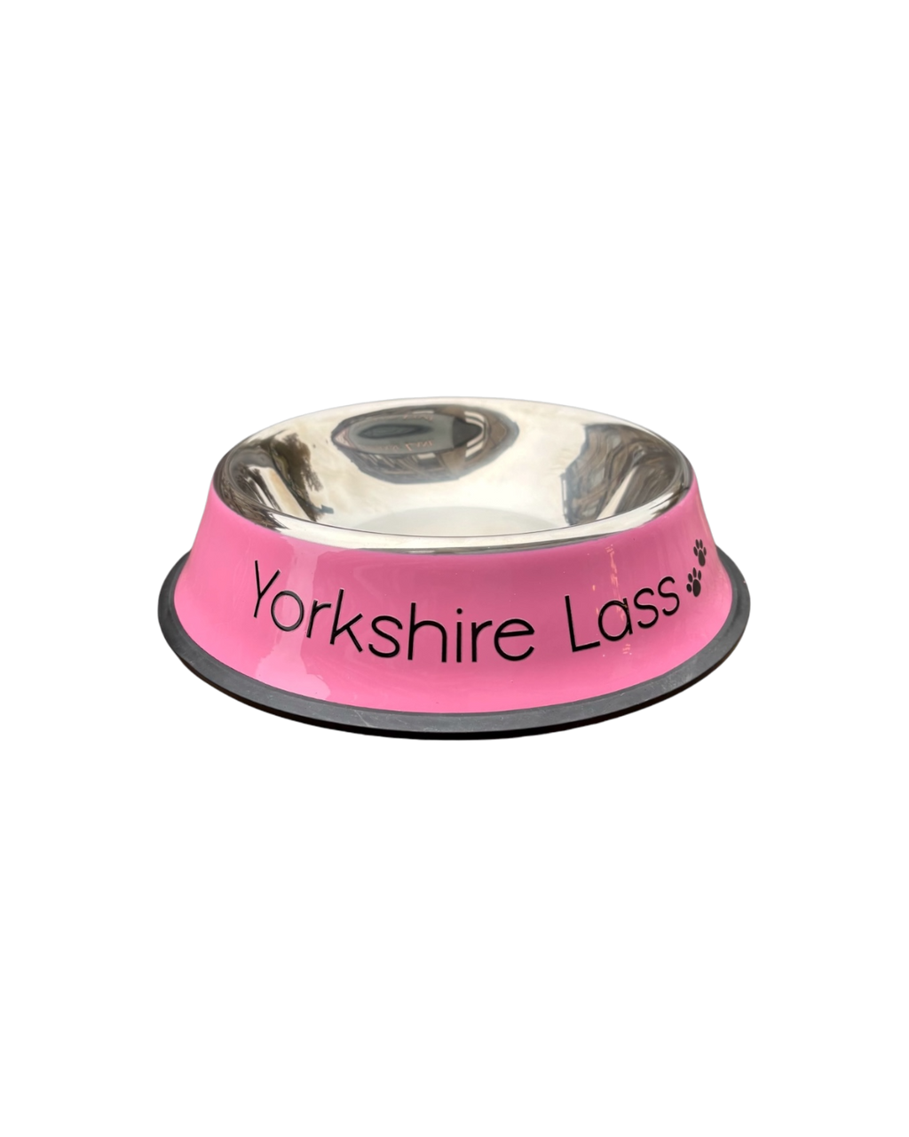 LighthouseLane pink stainless steel dog bowl with Yorkshire Lass text and paw print design for food or water