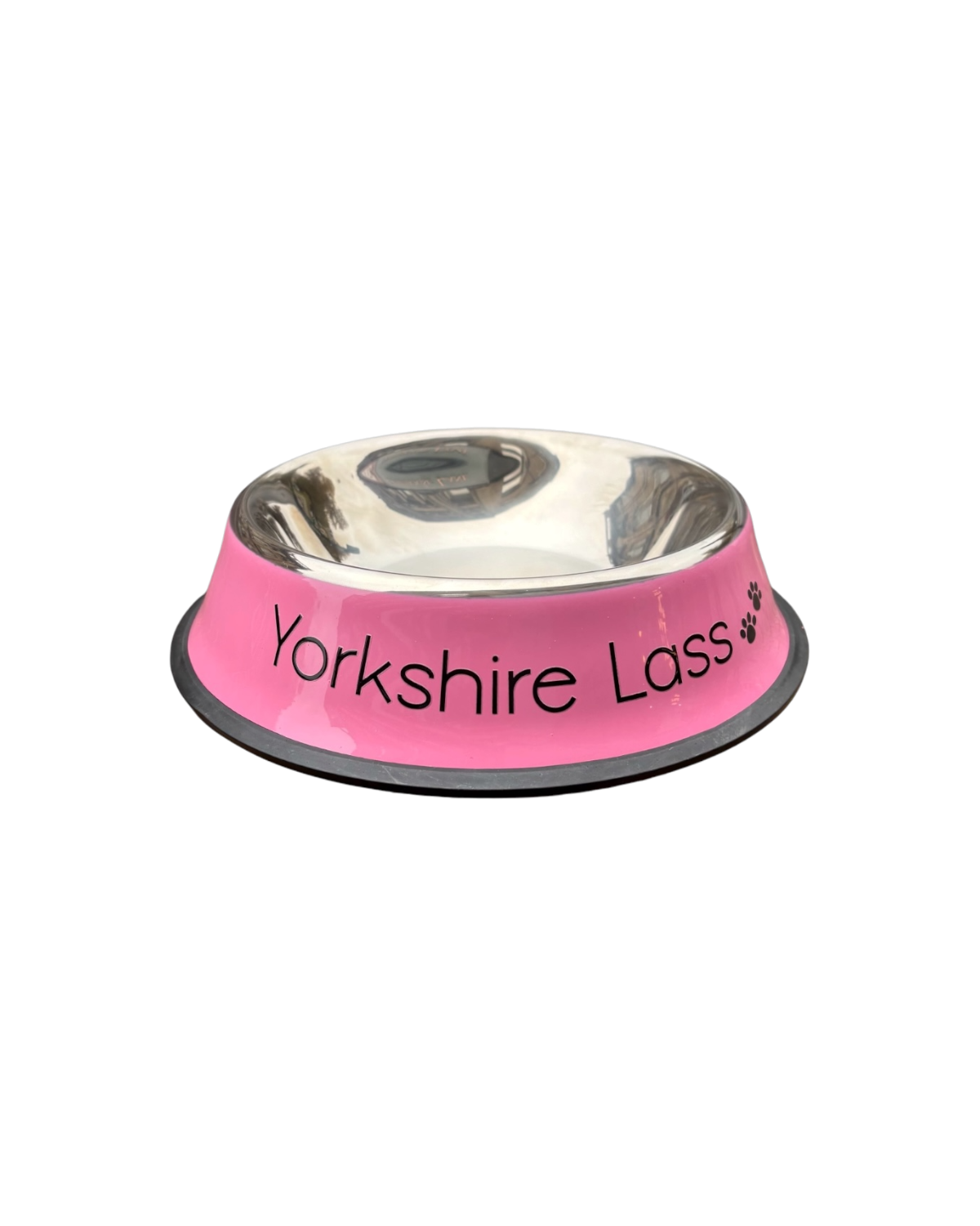 LighthouseLane pink stainless steel dog bowl with Yorkshire Lass text and paw print design for food or water
