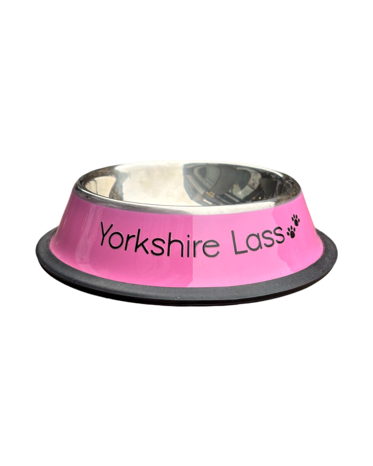 LighthouseLane pink stainless steel dog bowl with Yorkshire Lass text and paw print design on a black rubber base