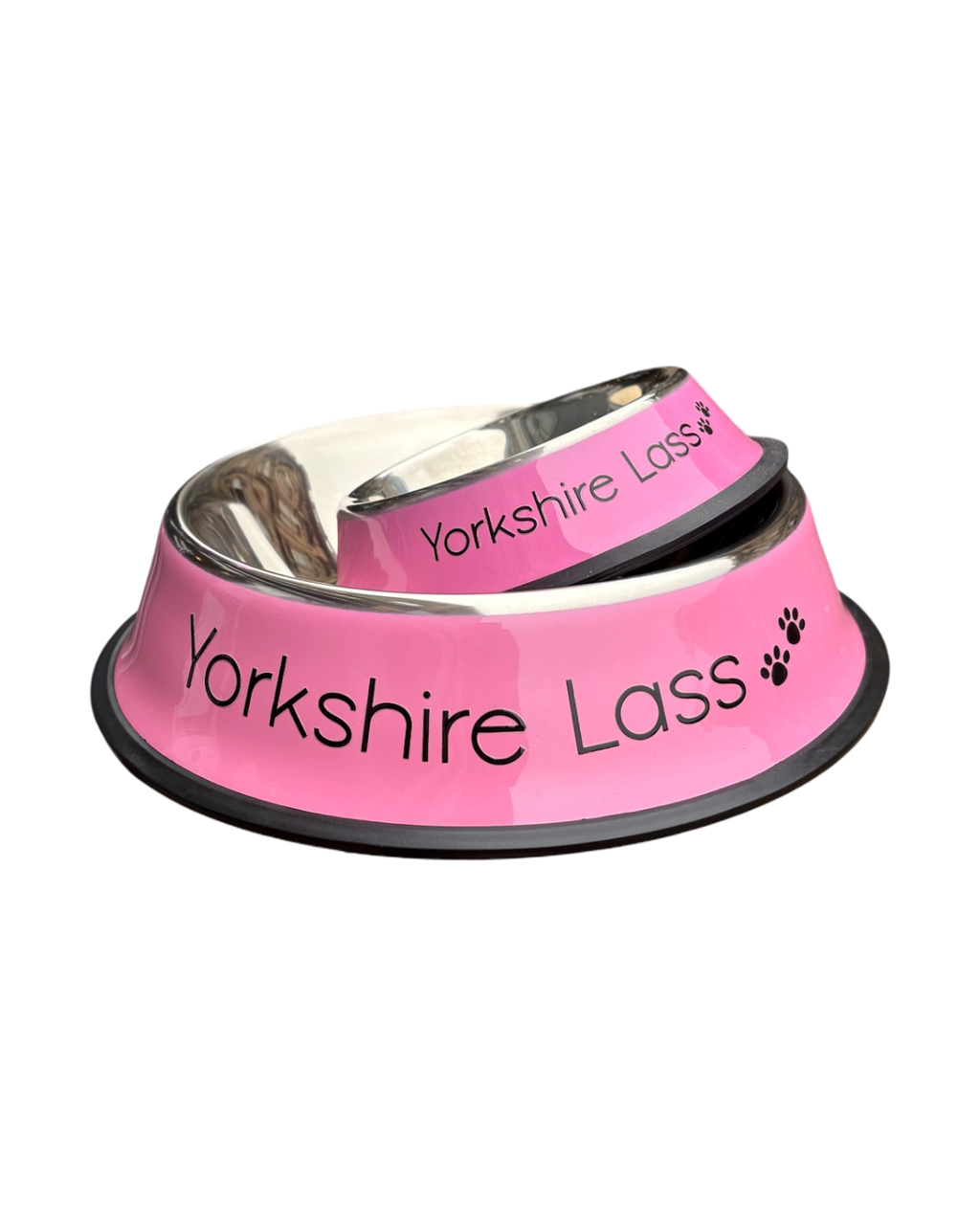 LighthouseLane pink stainless steel dog bowls with Yorkshire Lass text and paw print design in two sizes