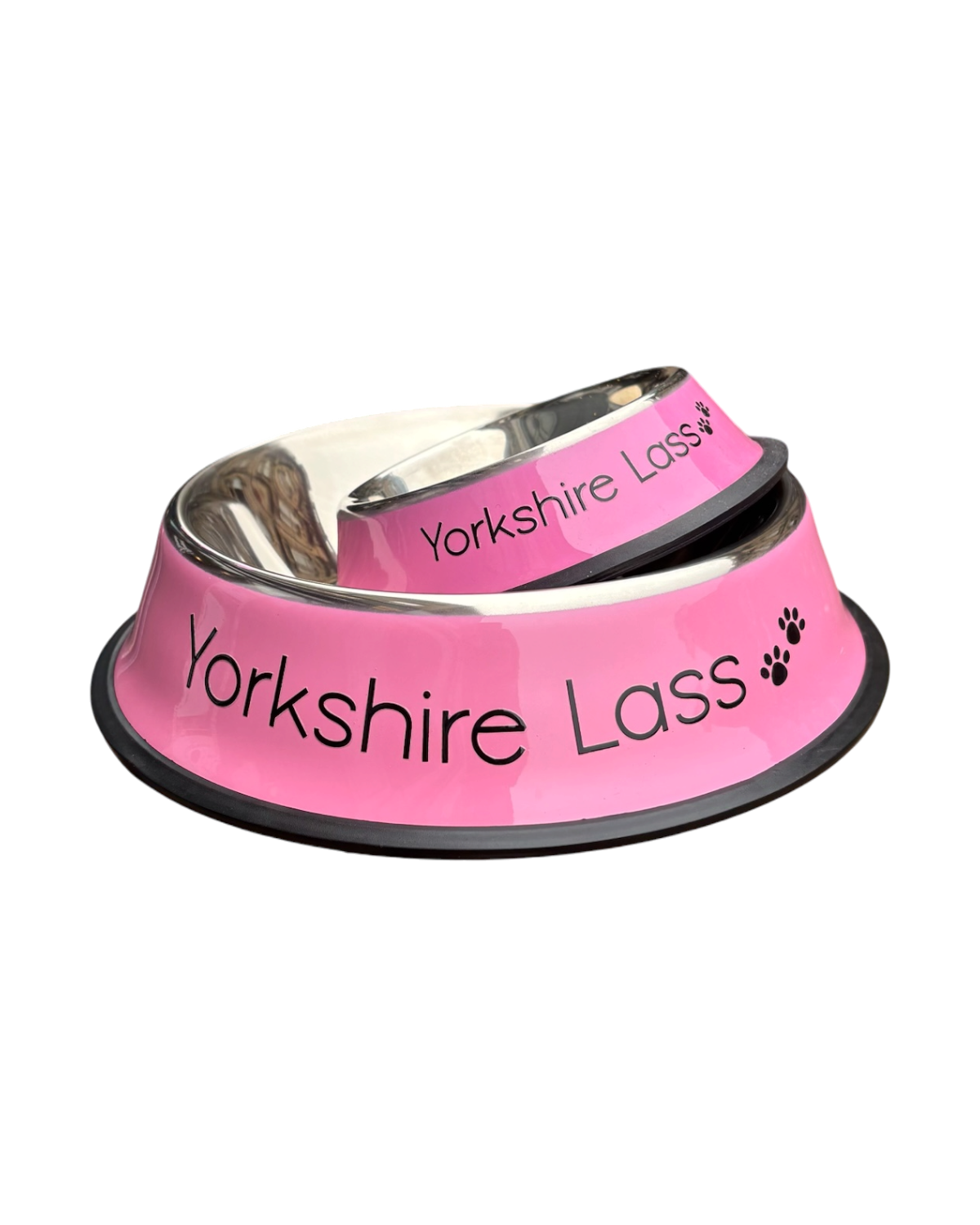 LighthouseLane pink stainless steel dog bowls with Yorkshire Lass text and paw print design in two sizes
